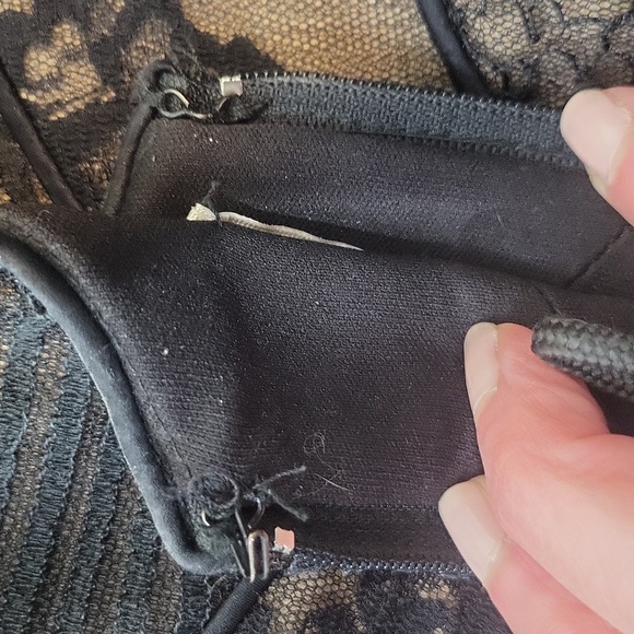 Vtg TADASHI Black Lace Mesh Over Nude Strapless Cocktail Midi Dress - Picture 10 of 14